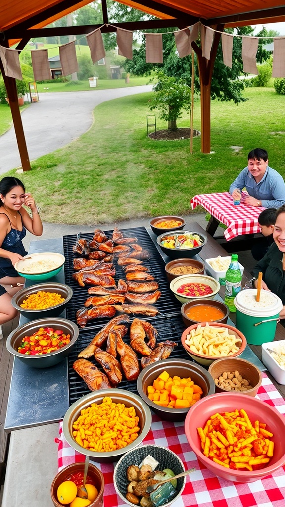 Outdoor barbecue feast for 100 people with grilled meats, colorful sides, and happy guests.